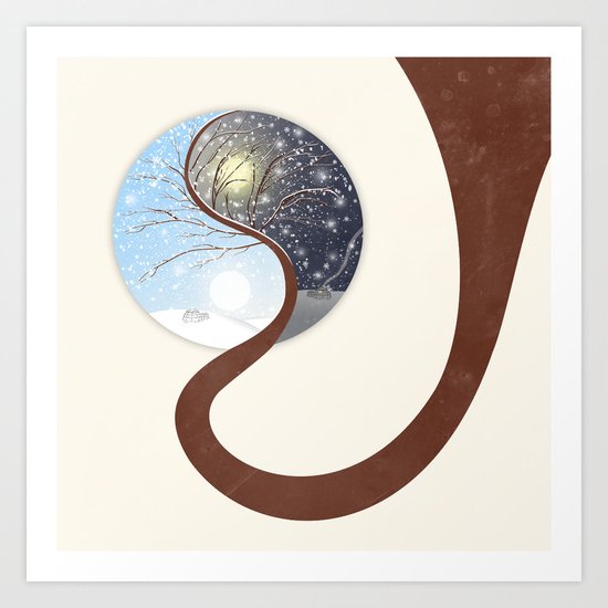 Yin-Yang Tree : Day - Night (Winter) Art Print