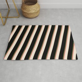 [ Thumbnail: Dark Olive Green, Light Coral, Beige, and Black Colored Striped/Lined Pattern Rug ]