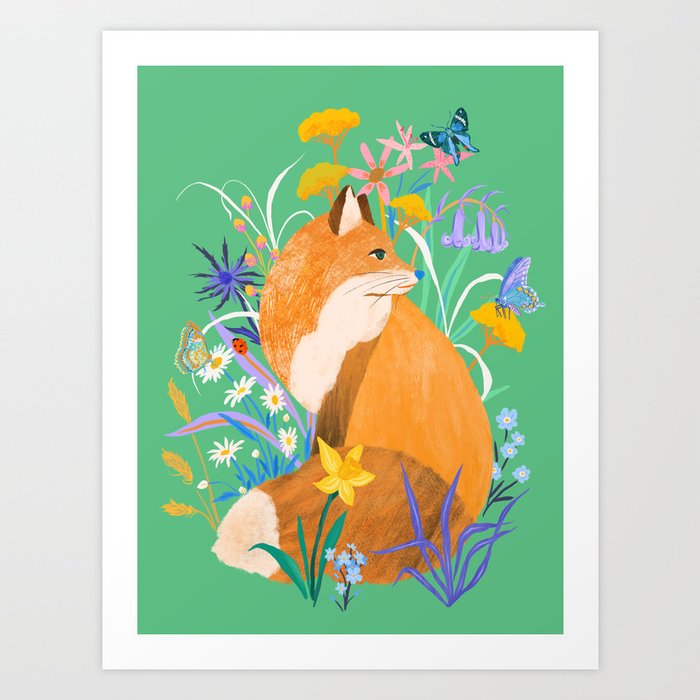 Fox in Flower Garden Art Print