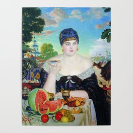 The Merchant's Wife at Tea with her cat overlooking city rooftops portrait by Boris Kustodiev Poster