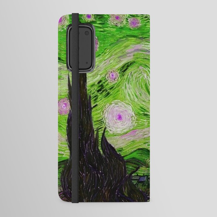 The Starry Night - La Nuit étoilée oil-on-canvas post-impressionist landscape masterpiece painting in alternate light green and fuchsia purple by Vincent van Gogh Android Wallet Case