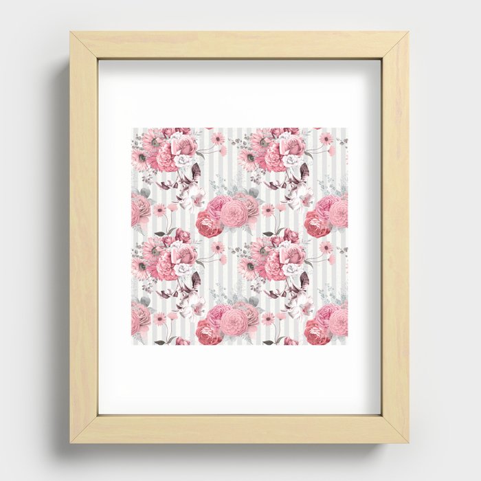 Vintage Striped Pink Floral Pattern Recessed Framed Print