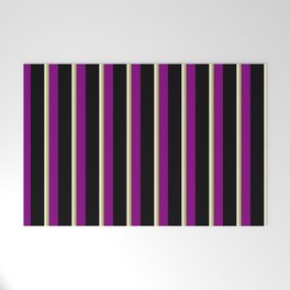 [ Thumbnail: Beige, Dark Khaki, Purple & Black Colored Stripes Pattern Welcome Mat ]