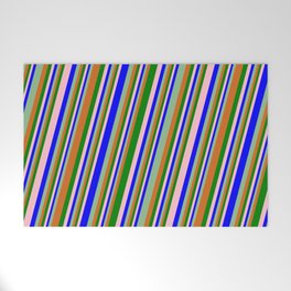 [ Thumbnail: Eyecatching Pink, Blue, Dark Sea Green, Chocolate, and Green Colored Pattern of Stripes Welcome Mat ]