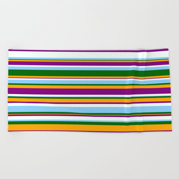 Eyecatching Orange, Purple, Mint Cream, Light Sky Blue & Dark Green Colored Stripes/Lines Pattern Beach Towel