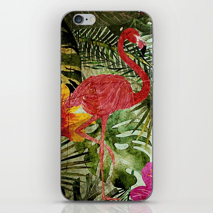 Tropical Vintage Exotic Jungle- Floral and Flamingo watercolor pattern iPhone Skin