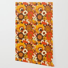 Retro 70s Flower Power, Floral, Orange Brown Yellow Psychedelic Pattern Wallpaper