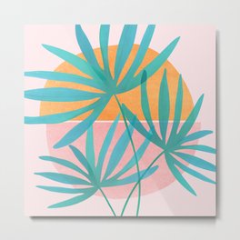 Teal and Pink Retro Sunset Palms Metal Print
