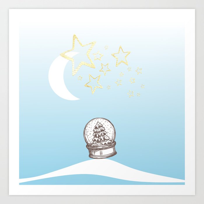Winter Landscape wiht Moon and Stars  simple surreal minimalist illustration  Art Print