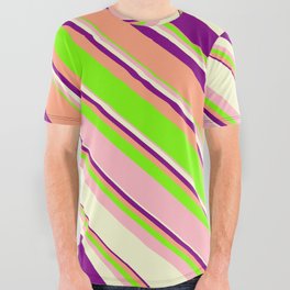 [ Thumbnail: Eye-catching Light Yellow, Purple, Light Salmon, Green & Light Pink Colored Stripes Pattern All Over Graphic Tee ]
