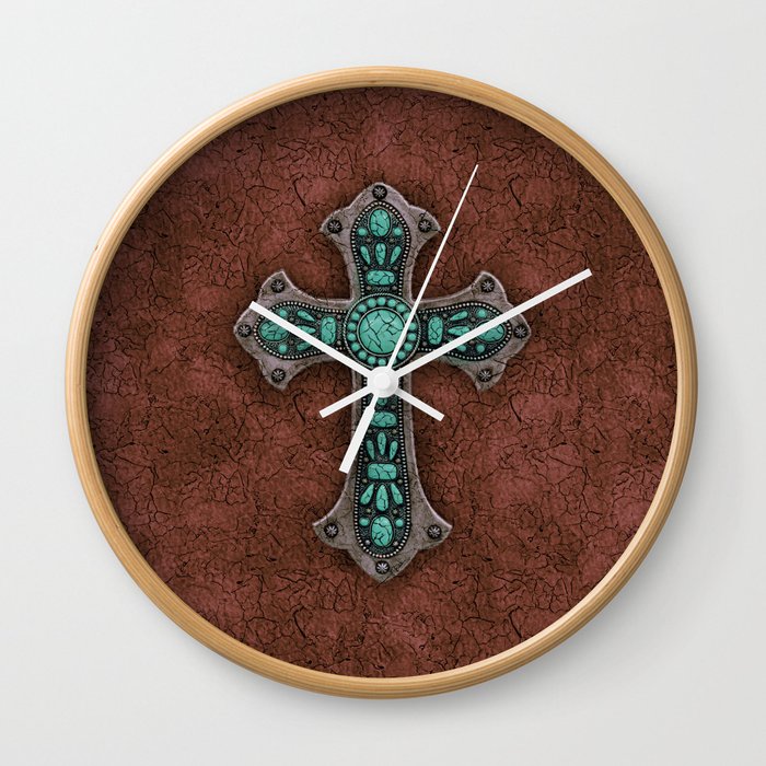 Brown and Turquoise Rustic Cross Wall Clock