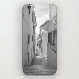 Black and white street alley in Alfama Lisbon Portugal - summer sunny travel photography iPhone Skin