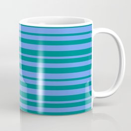[ Thumbnail: Cornflower Blue and Teal Colored Striped/Lined Pattern Coffee Mug ]