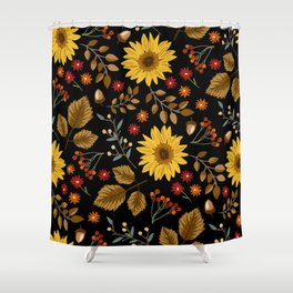 Autumn sunflowers with black background pattern. Maple leaves, sunflowers, flowers ditsy.  Shower Curtain