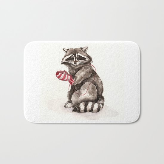 Pensive Raccoon in Red Mittens. Winter Season. Bath Mat