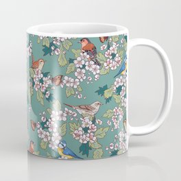Hawthorn May Blossom and Hedgerow Birds on Teal Coffee Mug