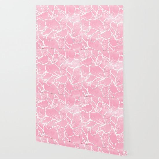 Modern White Hand Drawn Abstrat Floral Pastel Pink Watercolor