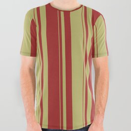 [ Thumbnail: Dark Khaki & Brown Colored Striped Pattern All Over Graphic Tee ]