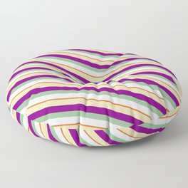 [ Thumbnail: Colorful Tan, Purple, Dark Sea Green, White, and Chocolate Colored Lines/Stripes Pattern Floor Pillow ]