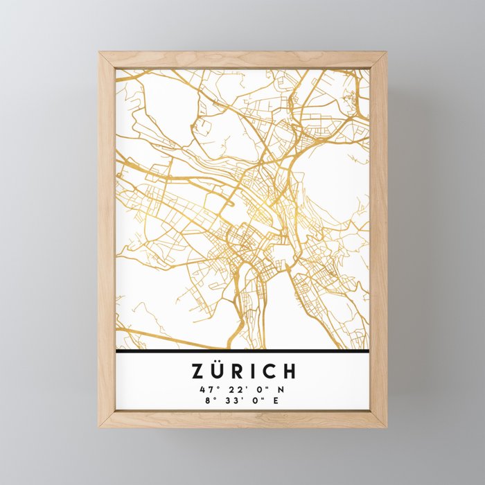 ZÜRICH SWITZERLAND CITY STREET MAP ART Framed Mini Art Print