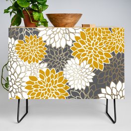 Dahlia Blooms in Gray, Yellow, Gold and White Credenza