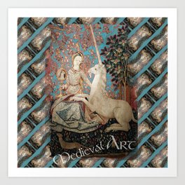 Medieval Art - Lady and the Unicorn in Turquoise 2 Art Print | Lady, Virgin, Horse, Garden, Deer, Woman, Saint, Medievalart, Mothermary, Unicorn 