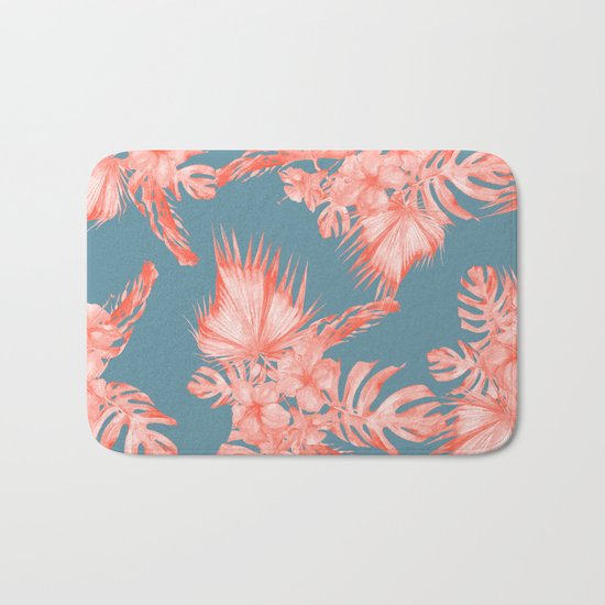 Dreaming of Hawaii Pale Coral on Teal Blue Bath Mat
