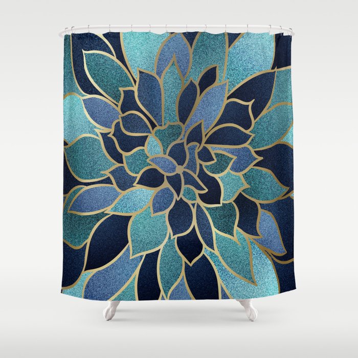 Festive, Floral Prints, Navy Blue, Teal and Gold Shower Curtain