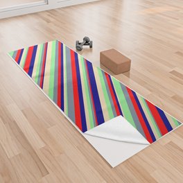 [ Thumbnail: Tan, Blue, Red, Light Slate Gray, and Light Green Colored Stripes/Lines Pattern Yoga Towel ]