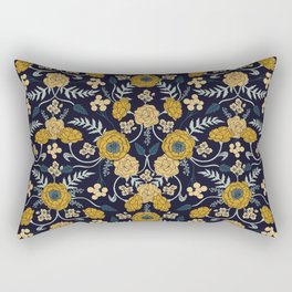 Navy Blue, Turquoise, Cream & Mustard Yellow Dark Floral Pattern Rectangular Pillow