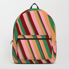 [ Thumbnail: Brown, Light Pink, Dark Red, and Sea Green Colored Lines/Stripes Pattern Backpack ]