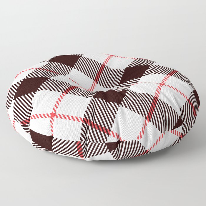 White Tartan with Diagonal Black and Red Stripes Floor Pillow