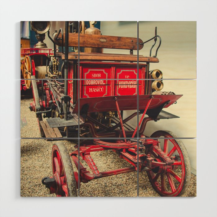 19th century horse drawn fire department fire fighting wagon color photograph / photography Wood Wall Art