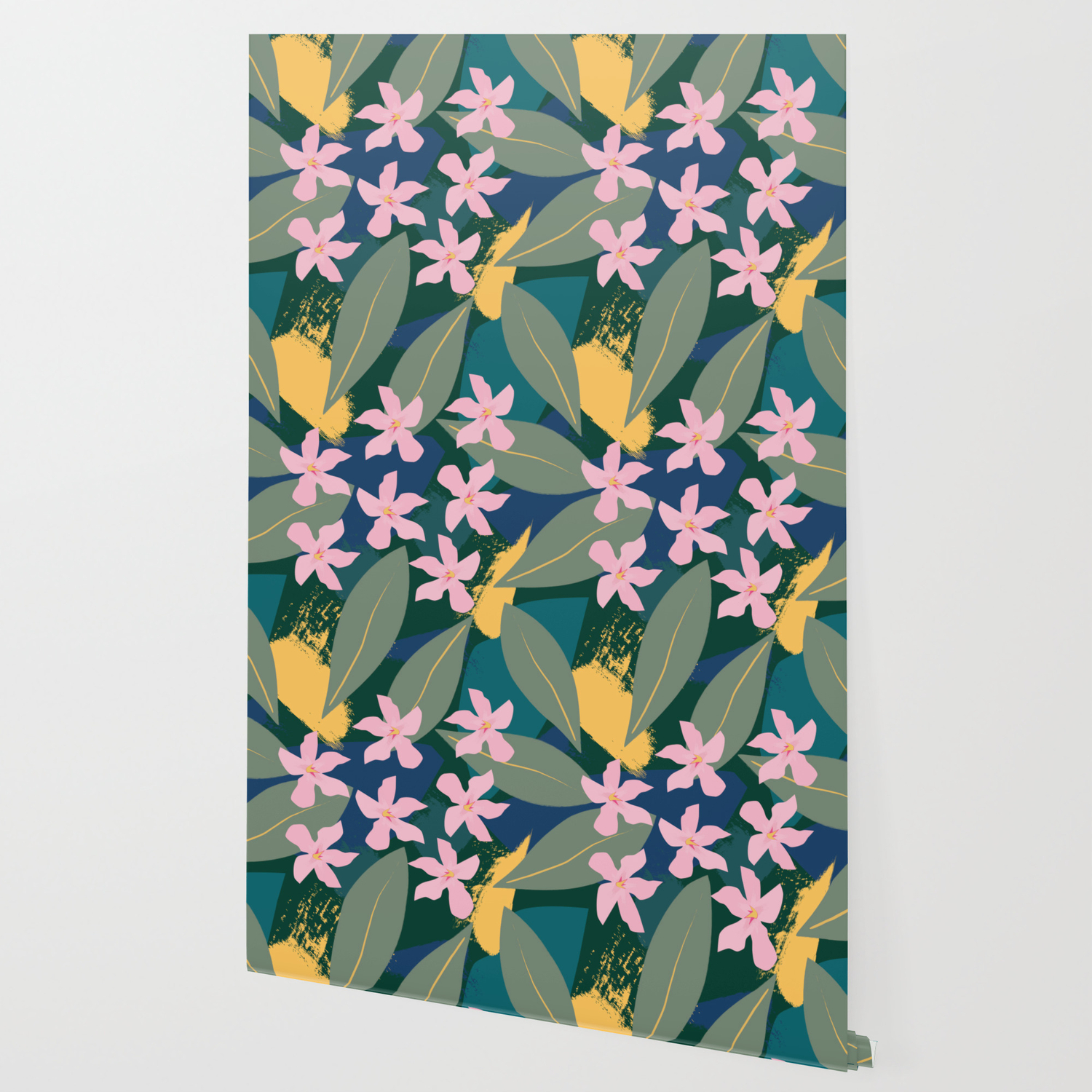 Pink Tropical Flowers And Leaves Wallpaper By Peladesign Society6