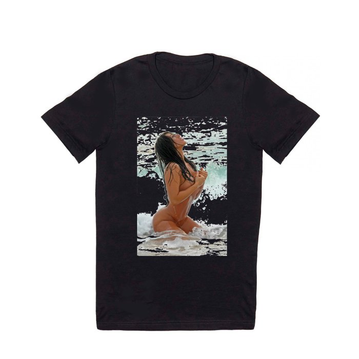 9425-SS Wet Woman Nude Beach Sand Surf Big Breasts Long Black Hair Sexy  Erotic Art T Shirt by Chris Maher