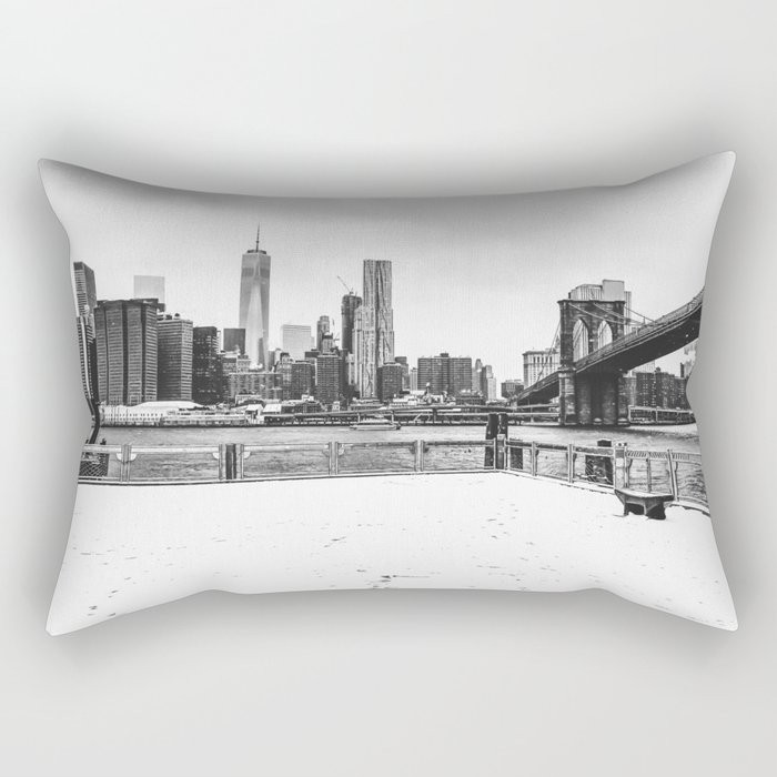 Brooklyn Bridge and Manhattan skyline during winter snowstorm in New York City black and white Rectangular Pillow