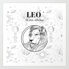 Leo Star Sign (Black and White)  Art Print