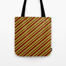 [ Thumbnail: Green & Maroon Colored Pattern of Stripes Tote Bag ]
