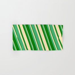 [ Thumbnail: Sea Green, Green & Beige Colored Striped/Lined Pattern Hand & Bath Towel ]
