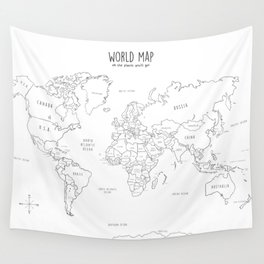 World Map minimal sketchy black and white Wall Tapestry