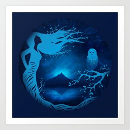 Blue Owl Woman Tree Art Print | Drumart, Shamansymbolismart, Graphicdesign, Nightart, Womantree, Shamanwoman, Shamandrumpainting, Owl, Mysticalart, Shamandrumart 