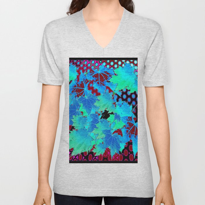 MODERN ART BLUE LEAVES BLOWING IN BLACK ABSTRACT V Neck T Shirt