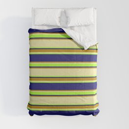 [ Thumbnail: Pale Goldenrod, Light Green, Midnight Blue & Dark Goldenrod Colored Lined/Striped Pattern Comforter ]