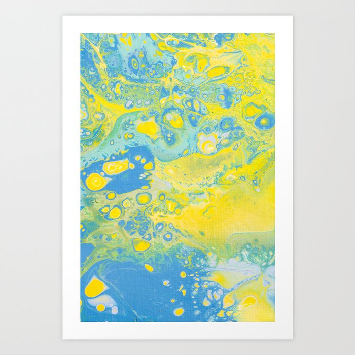 Fluid Art Acrylic Painting, Pour 36, Yellow, Green & Blue Blended Color Art Print