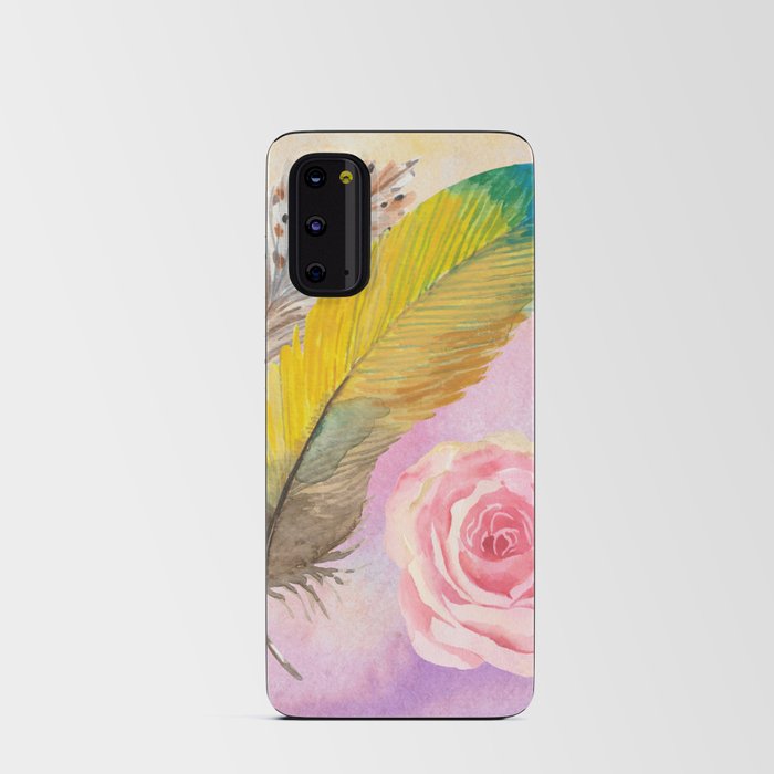 Watercolour Pink Rose with Colourful Feathers Android Card Case