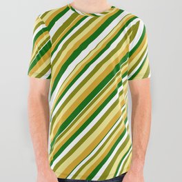 [ Thumbnail: Vibrant Green, Tan, Goldenrod, Dark Green & White Colored Pattern of Stripes All Over Graphic Tee ]
