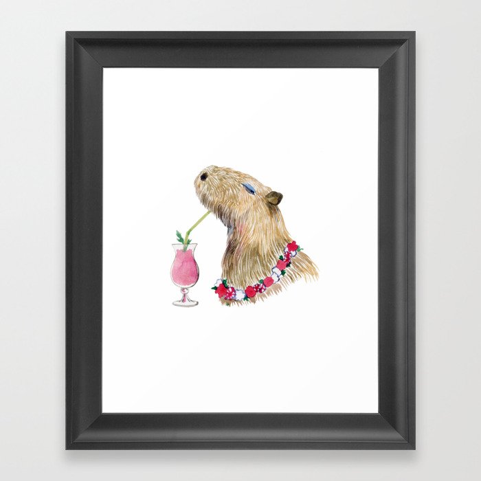 Capybara drinking strawberry milk cocktail Framed Art Print