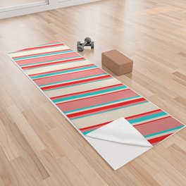 [ Thumbnail: Light Coral, Dark Turquoise, Beige & Red Colored Lines/Stripes Pattern Yoga Towel ]