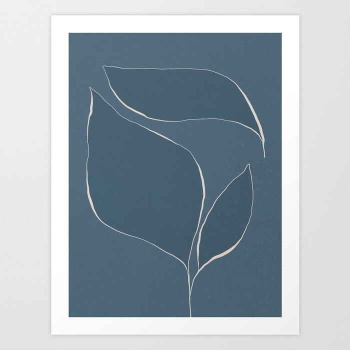 Abstract line-art leafy trio 4a - dark blue Art Print