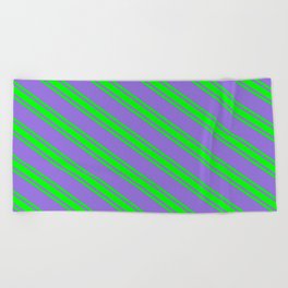 [ Thumbnail: Purple and Lime Colored Lines Pattern Beach Towel ]